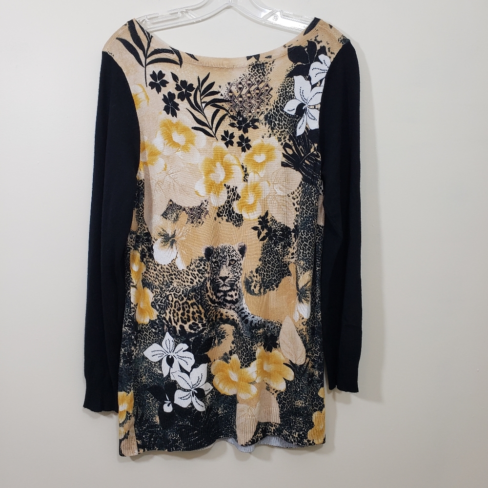 Red - cheetah & floral print long ribbed sweater woman's size medium - Picture 6 of 7